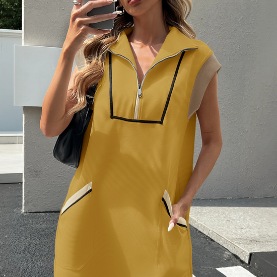 Womens Yellow Half-Zip Contrast Casual Mini Dress Fisoew - Fisoew