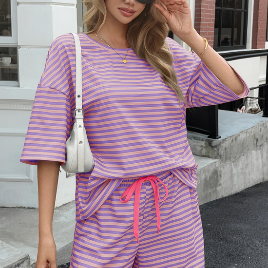 Womens Violet Striped Short Sets 2 Piece Fisoew - Fisoew