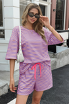 Womens Violet Striped Short Sets 2 Piece Fisoew - Fisoew