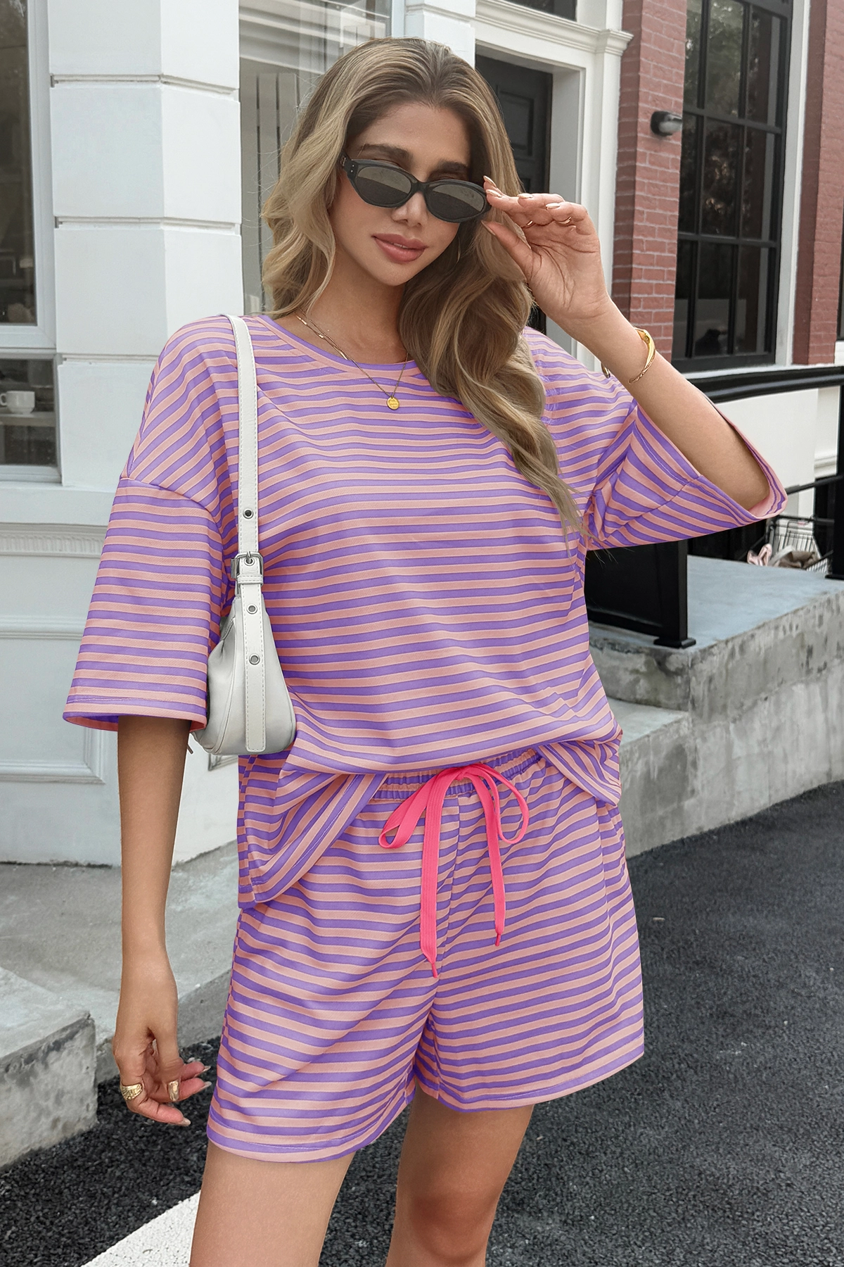 Womens Violet Striped Short Sets 2 Piece Fisoew - Fisoew