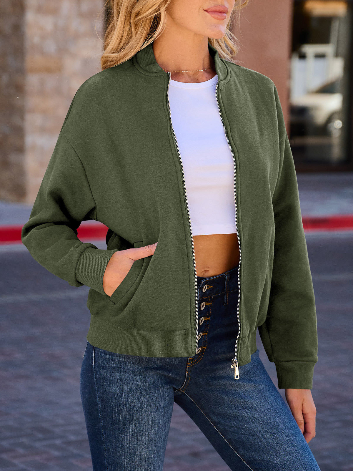 Zip Up With Pockets Long Sleeve Jackets - Fisoew