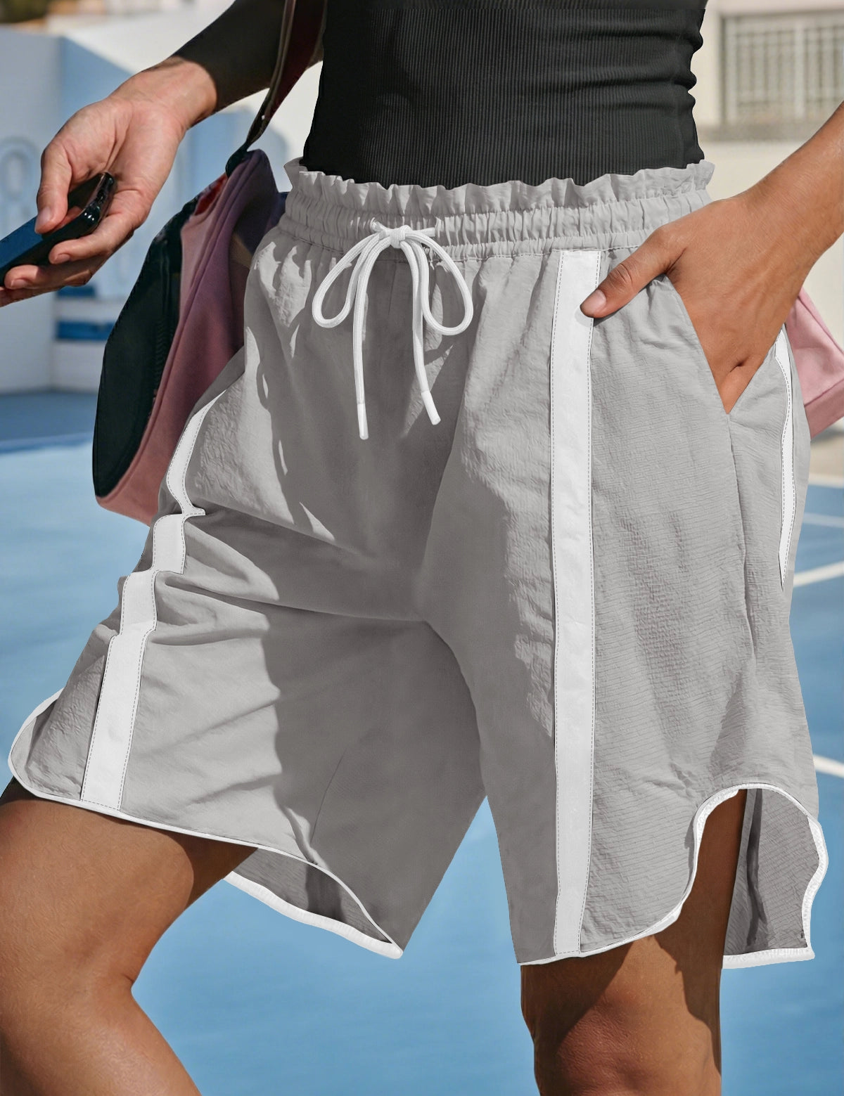Fisoew Women's Light Grey Baggy Cargo Workout Running Athletic Yoga Shorts - Fisoew
