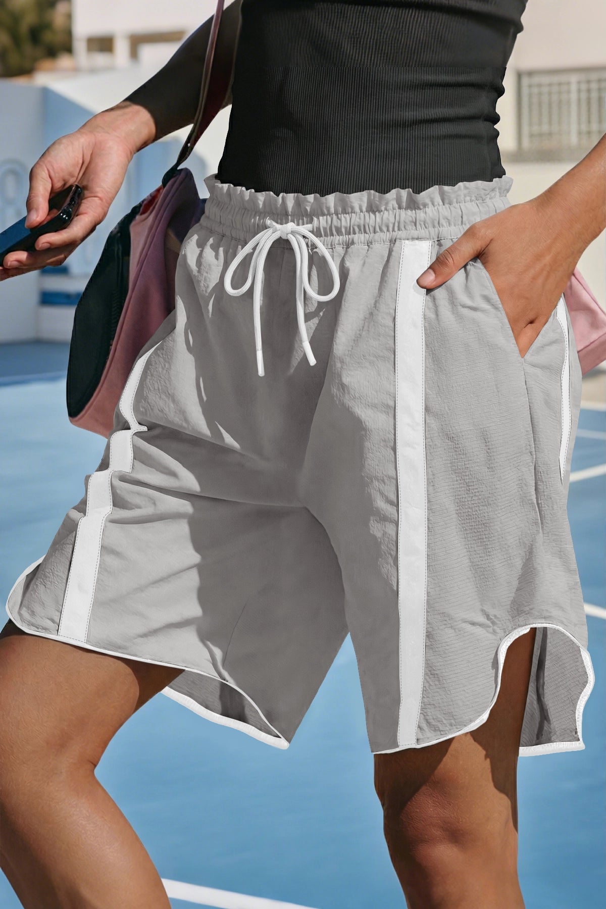 Fisoew Women's Light Grey Baggy Cargo Workout Running Athletic Yoga Shorts - Fisoew