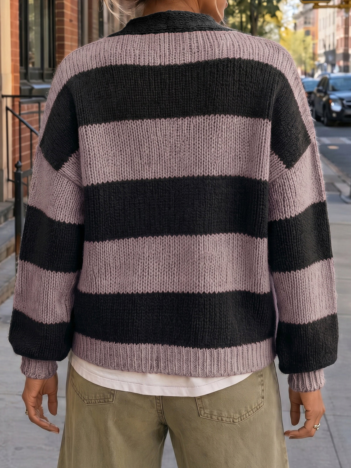 Striped Open Front Button Up Cardigans - Fisoew