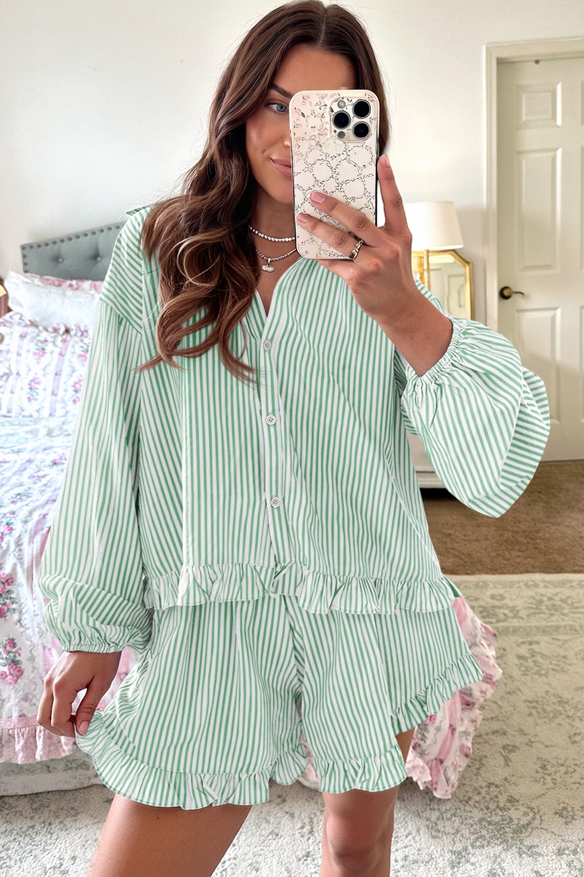 Womens Light Green Stripe Ruffle Pajama 2Pcs  Fisoew - Fisoew