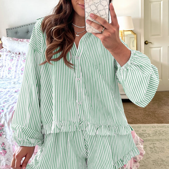 Womens Light Green Stripe Ruffle Pajama 2Pcs  Fisoew - Fisoew