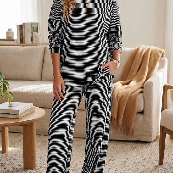 Striped Long Sleeve Top With Wide Leg Pants Set - Fisoew