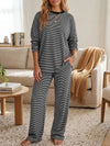Striped Long Sleeve Top With Wide Leg Pants Set - Fisoew