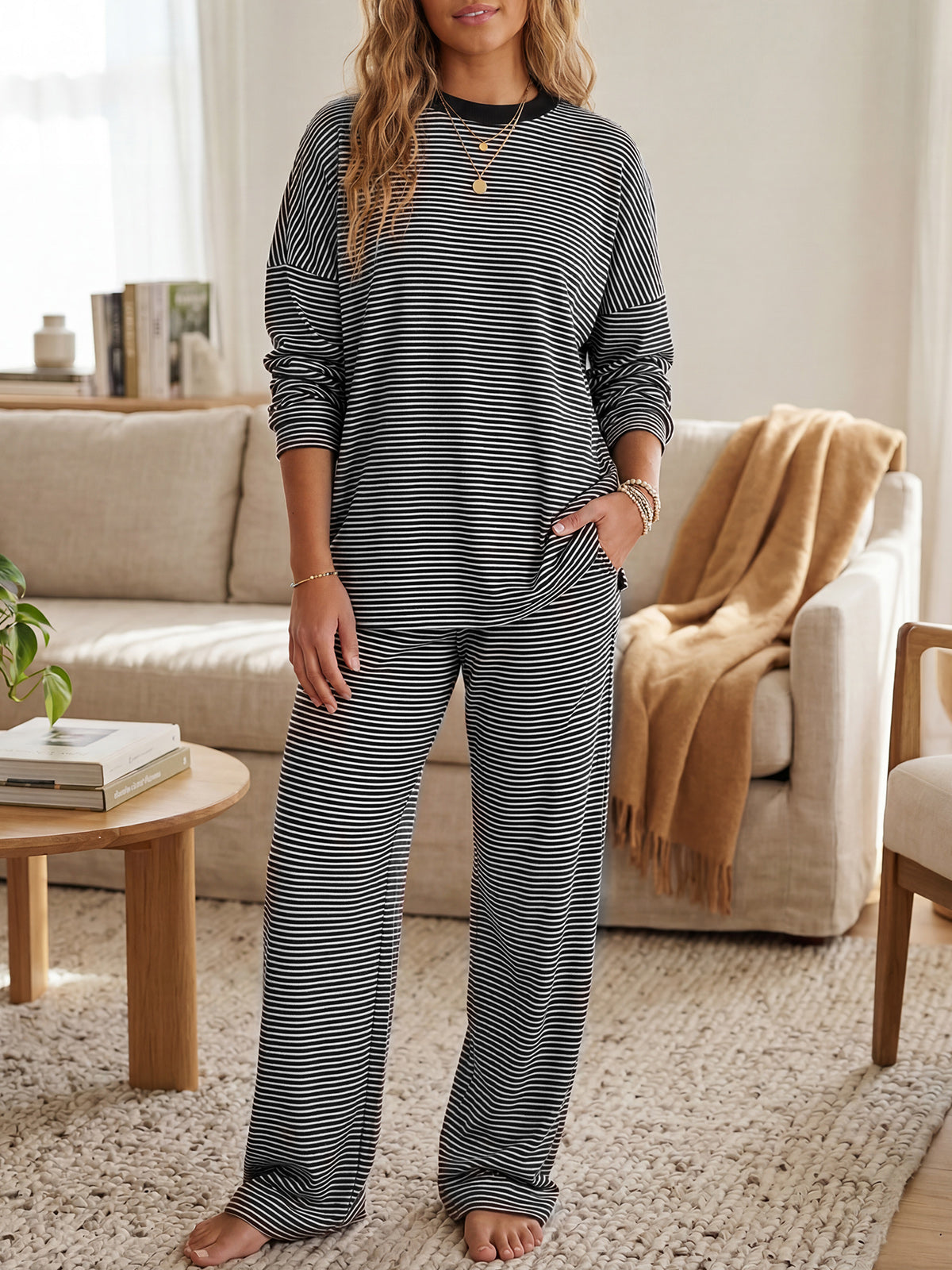 Striped Long Sleeve Top With Wide Leg Pants Set - Fisoew