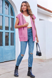 Fisoew Women's Pink Sleeveless Zip Up Hoodies - Fisoew