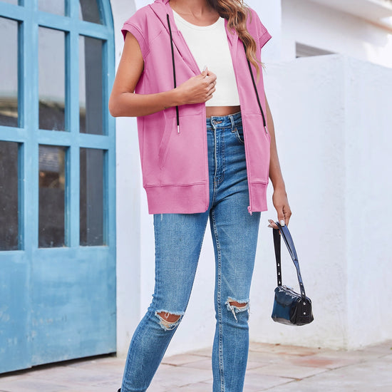 Fisoew Women's Pink Sleeveless Zip Up Hoodies - Fisoew