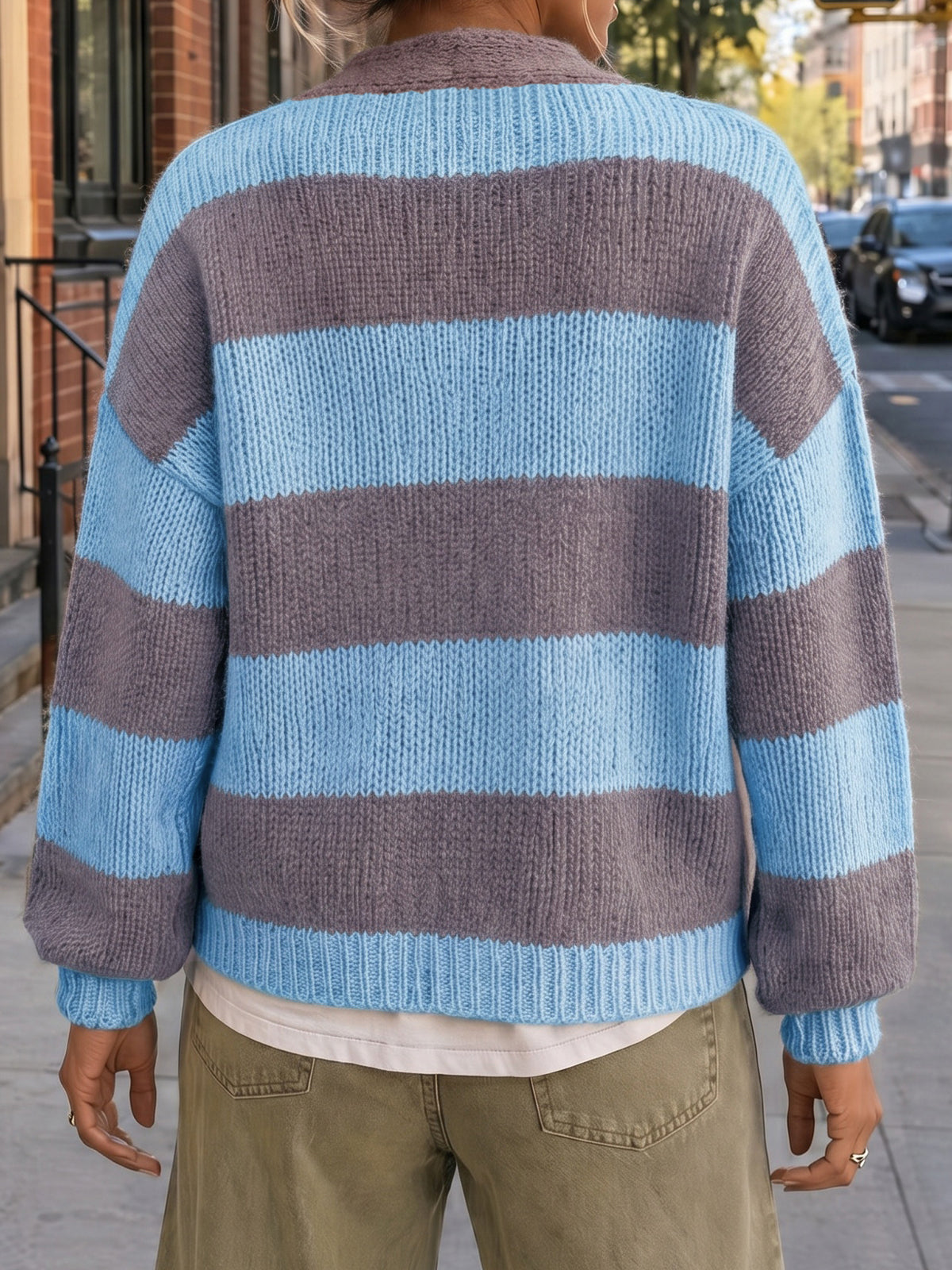 Striped Open Front Button Up Cardigans - Fisoew