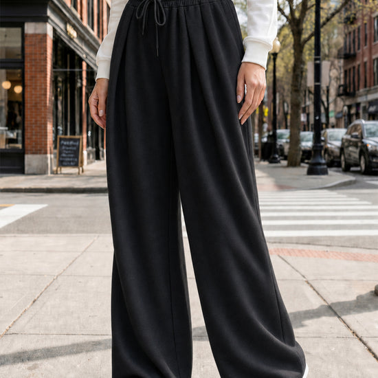 Solid Wide Leg High Waist Pants - Fisoew