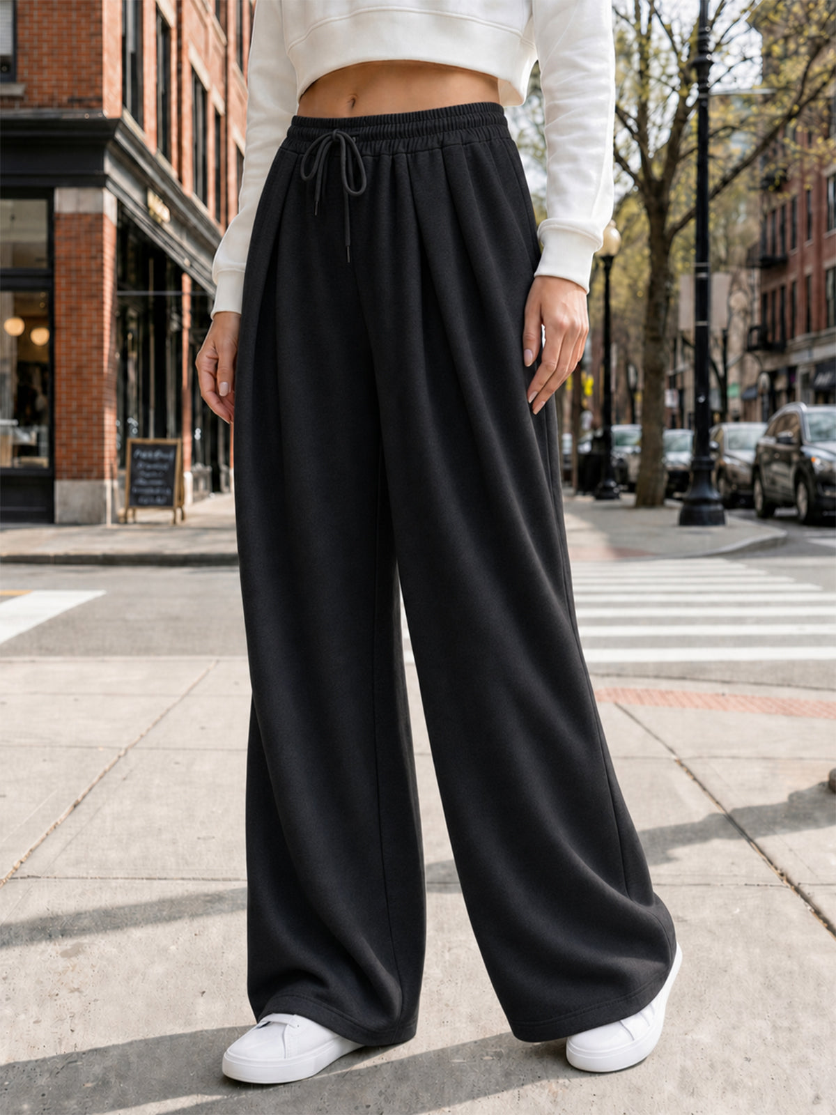 Solid Wide Leg High Waist Pants - Fisoew