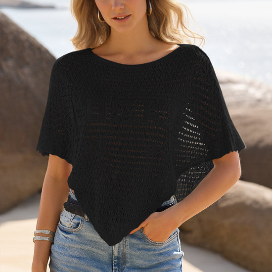 Fisoew Women's Black Sheer Shawl Boho Crochet Cover Ups - Fisoew