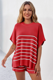 Fisoew Women's Red Striped Oversized Lounge Short Sets - Fisoew