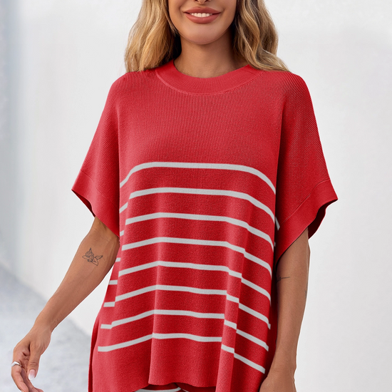 Fisoew Women's Red Striped Oversized Lounge Short Sets - Fisoew