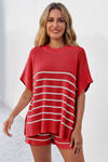 Fisoew Women's Red Striped Oversized Lounge Short Sets - Fisoew