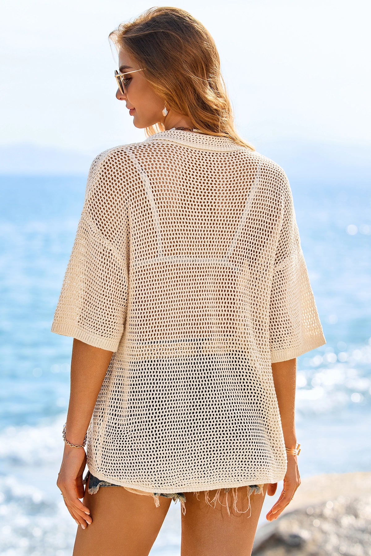 Fisoew Women's Apricot Crochet Lightweight Cardigan Sweaters Cover Up Shirts