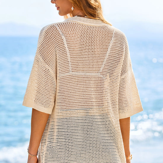 Fisoew Women's Apricot Crochet Lightweight Cardigan Sweaters Cover Up Shirts - Fisoew