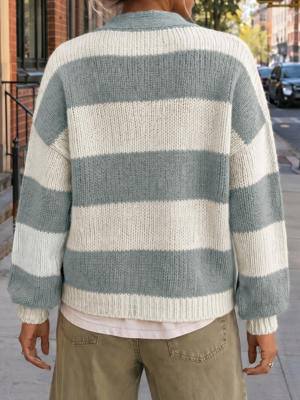 Striped Open Front Button Up Cardigans - Fisoew