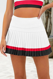 Fisoew Women's White High Waisted Athletic Color Block Pleated Skirts - Fisoew