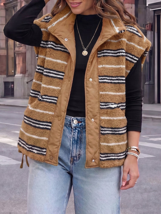 Fuzzy Fleece Striped Sleeveless Sherpa Vests