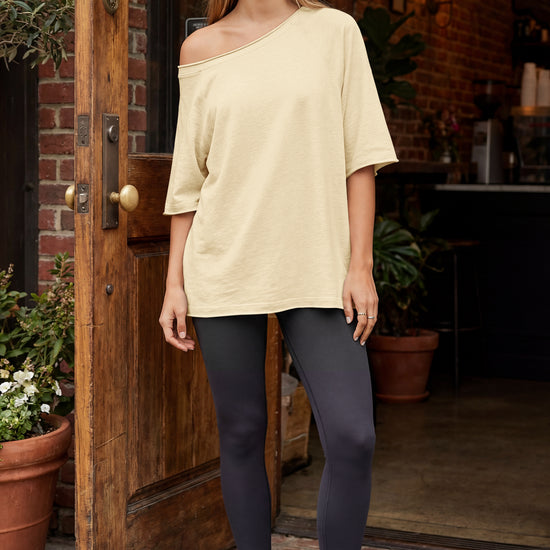 Fisoew Women's Beige Off The Shoulder Tops Oversized  T-Shirts - Fisoew
