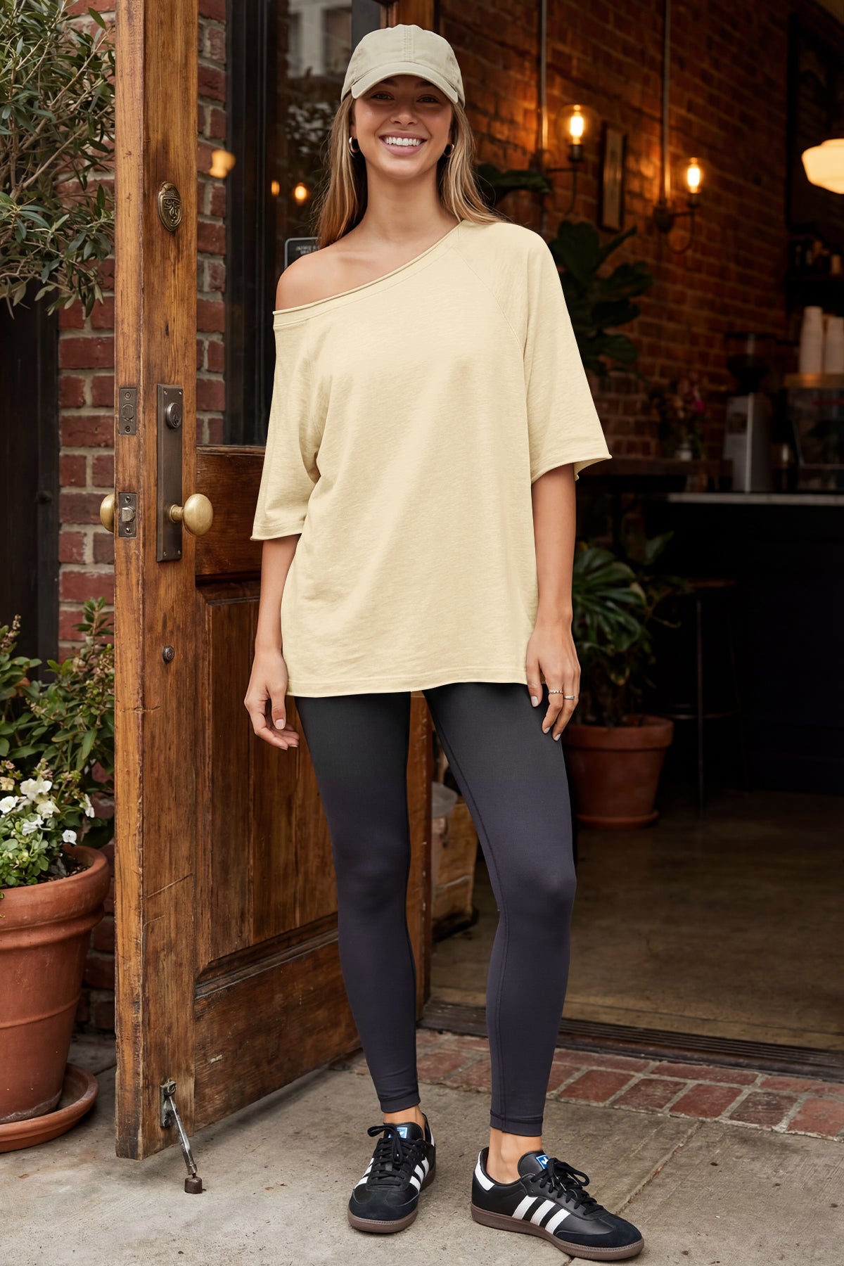 Fisoew Women's Beige Off The Shoulder Tops Oversized  T-Shirts - Fisoew