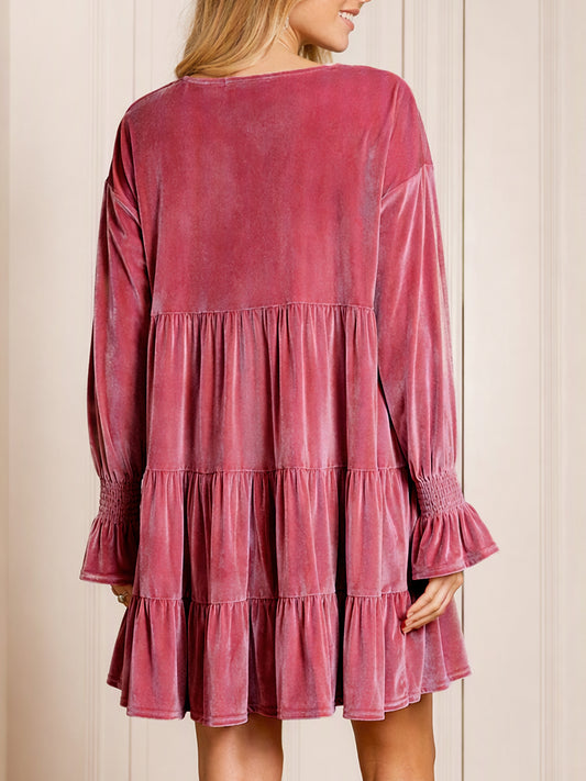 Velvet Tunic Puff Sleeve Tiered Ruffle Midi Dresses