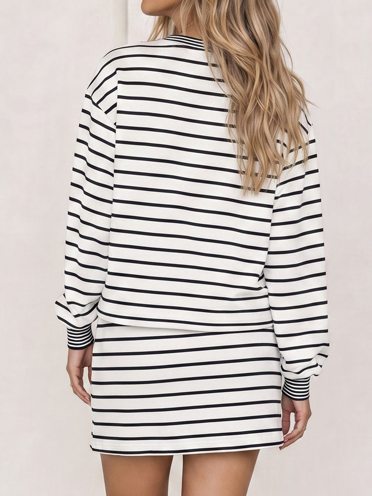 Striped Long Sleeve Crop Tops With Skort Sets - Fisoew