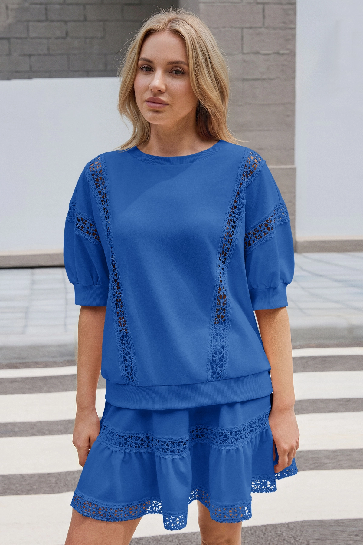 Womens Dark Blue Lace Trim Puff Sleeve Two Piece Skirt Set Fisoew - Fisoew