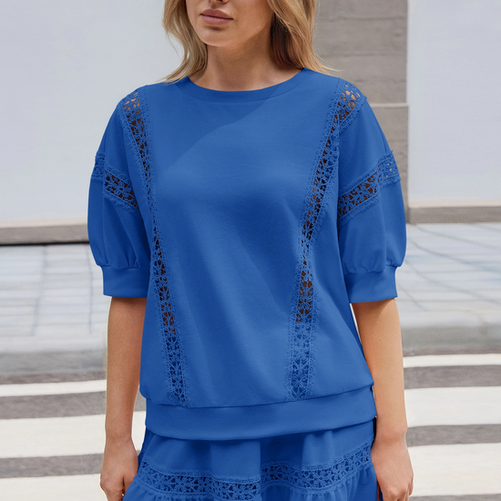 Womens Dark Blue Lace Trim Puff Sleeve Two Piece Skirt Set Fisoew - Fisoew