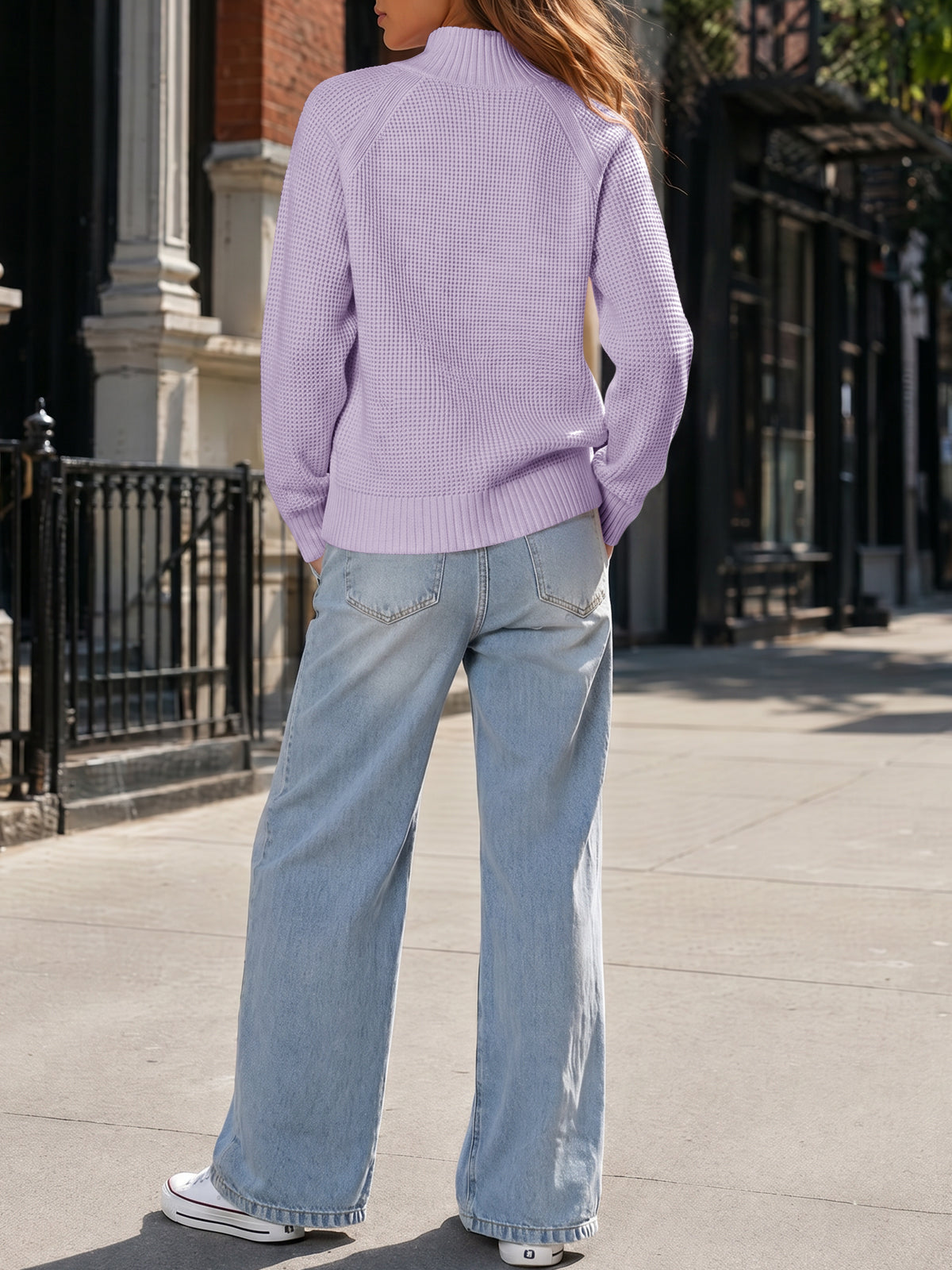 Zip Waffle Knit Long Sleeve Pullover - Fisoew
