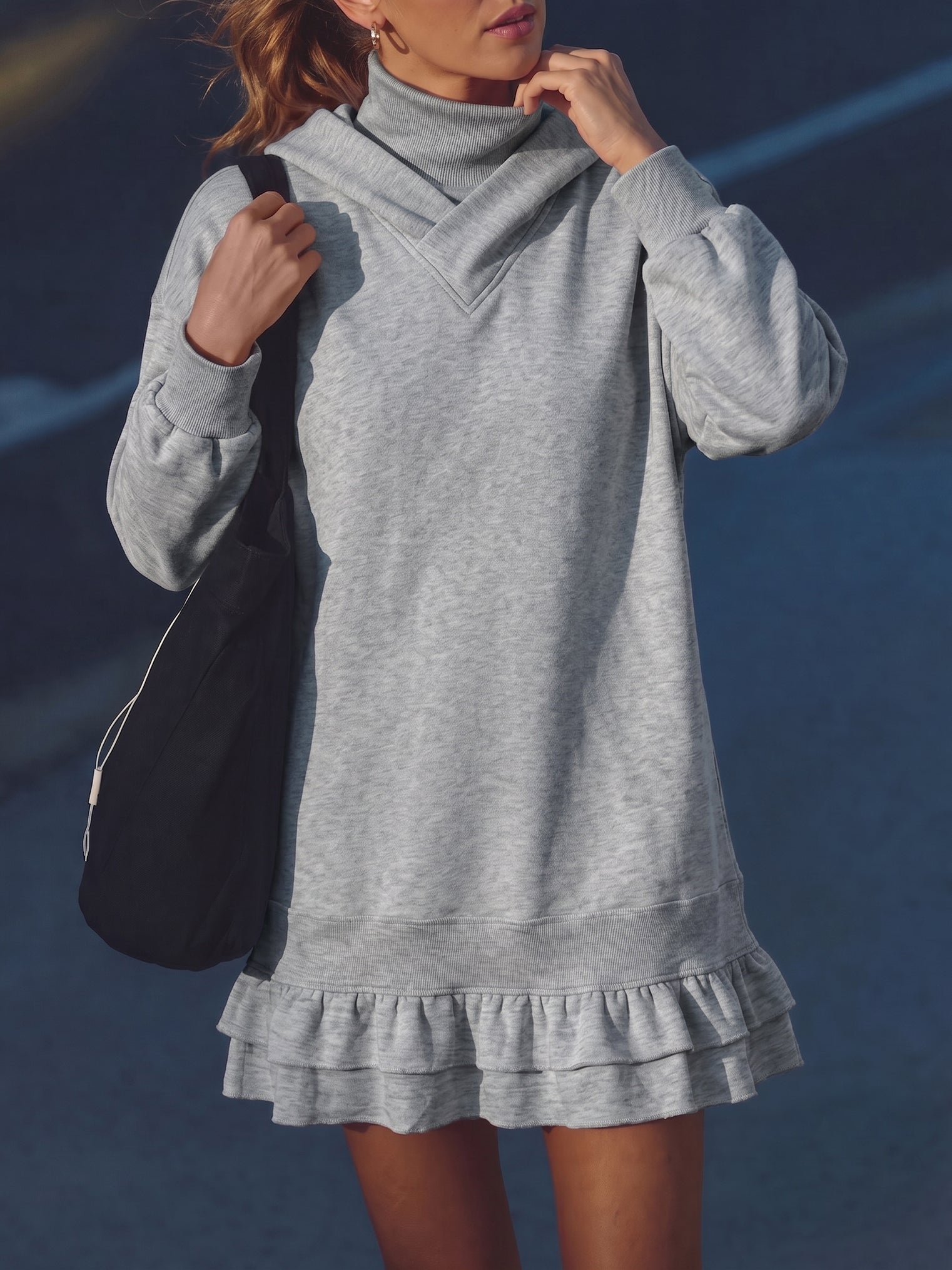 Turtleneck Hoodie Sweatshirt Mini Dresses - Fisoew