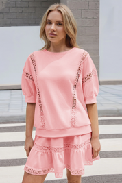 Womens Pink Lace Trim Puff Sleeve Two Piece Skirt Set Fisoew