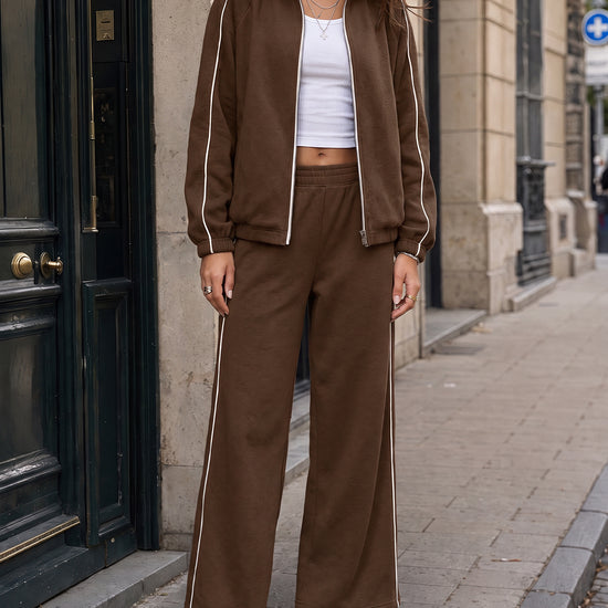 Zip-Up Jacket With Wide-Leg Tracksuit Sets - Fisoew