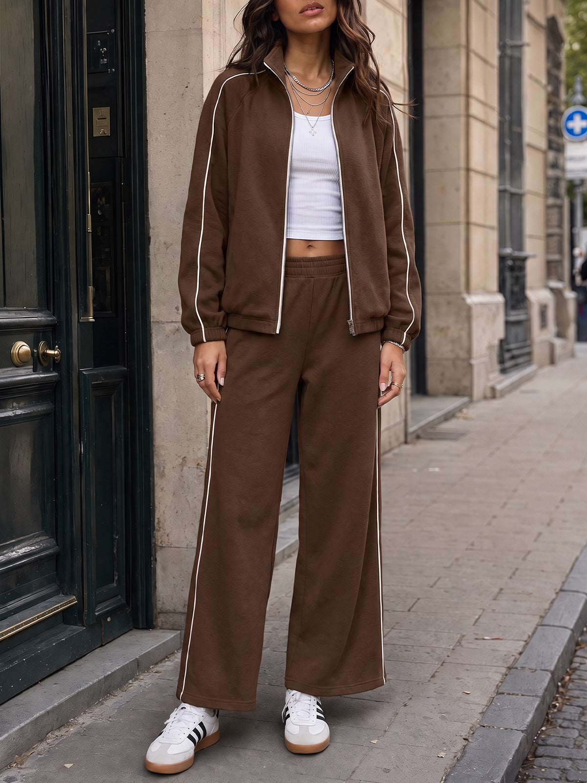 Zip-Up Jacket With Wide-Leg Tracksuit Sets - Fisoew