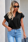Fisoew Women's Black V Neck Cap Sleeve Casual Loose Fit T Shirts - Fisoew