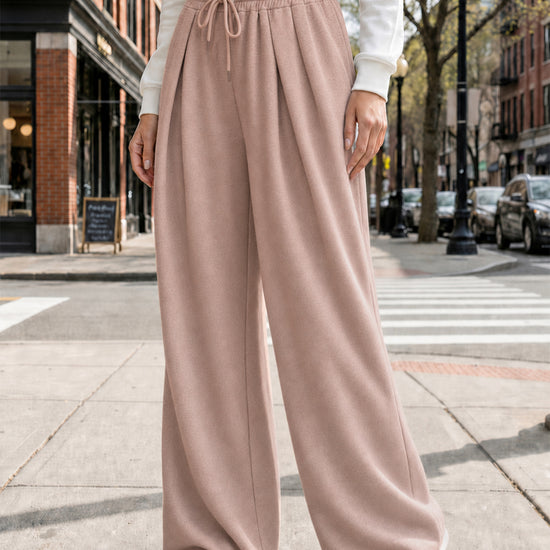 Solid Wide Leg High Waist Pants - Fisoew