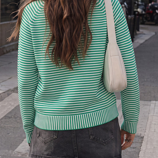 Striped Half-Zip Knit Crop Pullovers - Fisoew