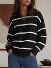 Zip Striped Oversized Turtleneck Pullover Top