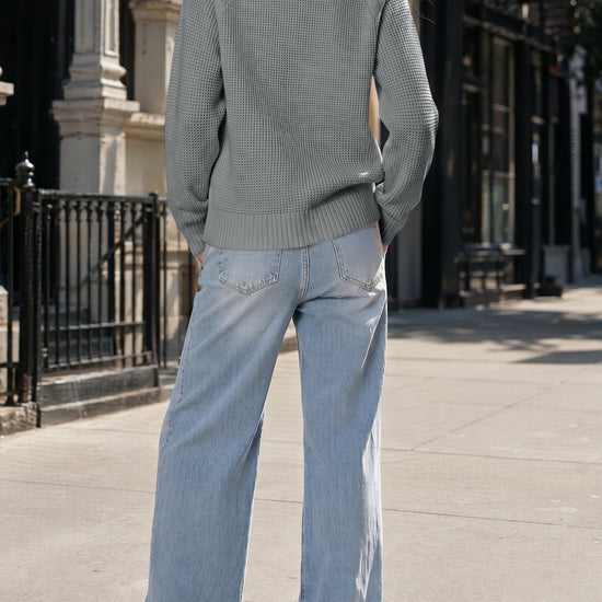 Zip Waffle Knit Long Sleeve Pullover - Fisoew
