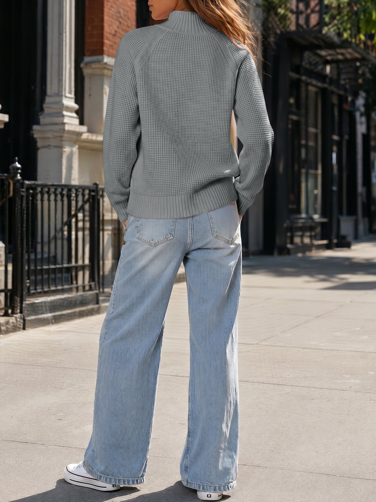Zip Waffle Knit Long Sleeve Pullover - Fisoew