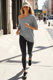 Fisoew Women's Grey Off The Shoulder Tops Oversized  T-Shirts - Fisoew