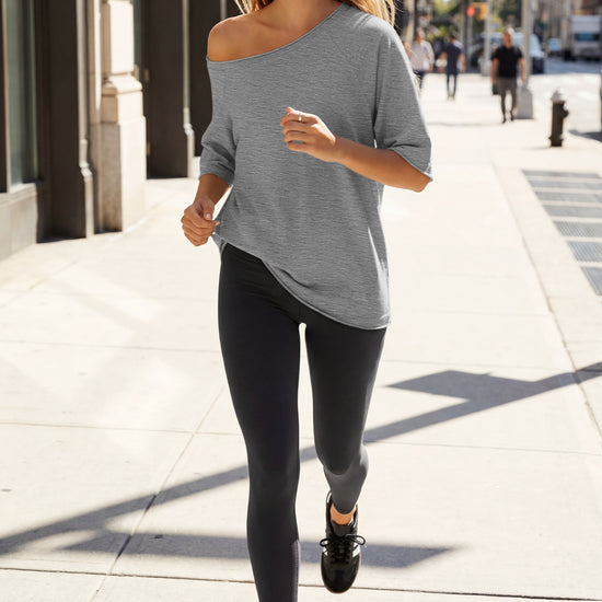 Fisoew Women's Grey Off The Shoulder Tops Oversized  T-Shirts - Fisoew