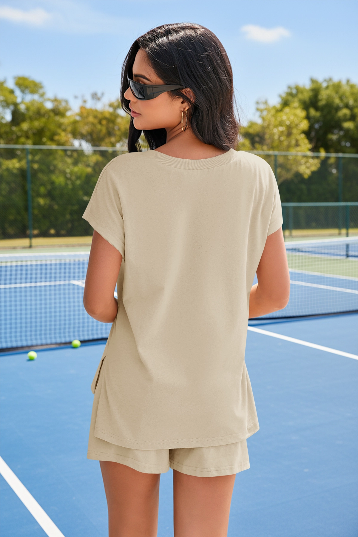 Fisoew Women's Khaki V Neck 2 Piece Casual Outfits - Fisoew