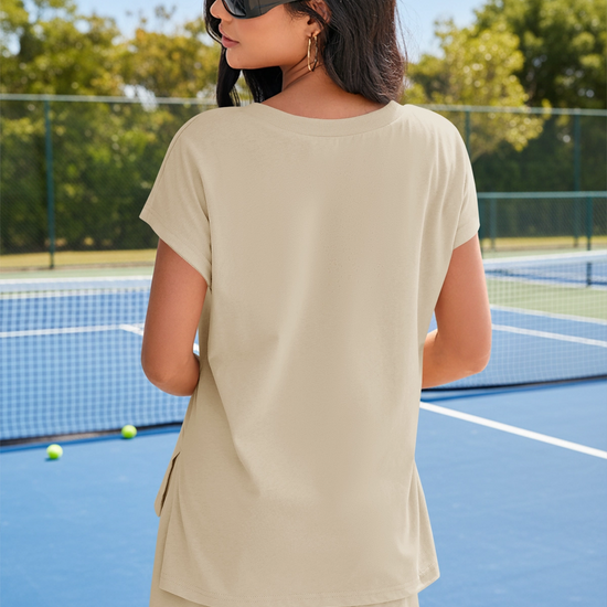 Fisoew Women's Khaki V Neck 2 Piece Casual Outfits - Fisoew