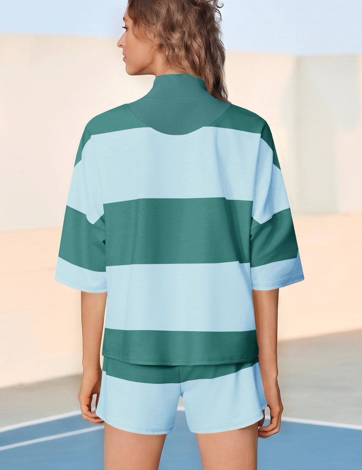 Womens Green 2 Piece Outfits Striped Sets Fisoew - Fisoew