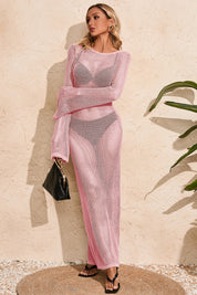 Fisoew Women's Pink Crochet  Long Sleeve Sexy Swimsuit Maxi Dress - Fisoew